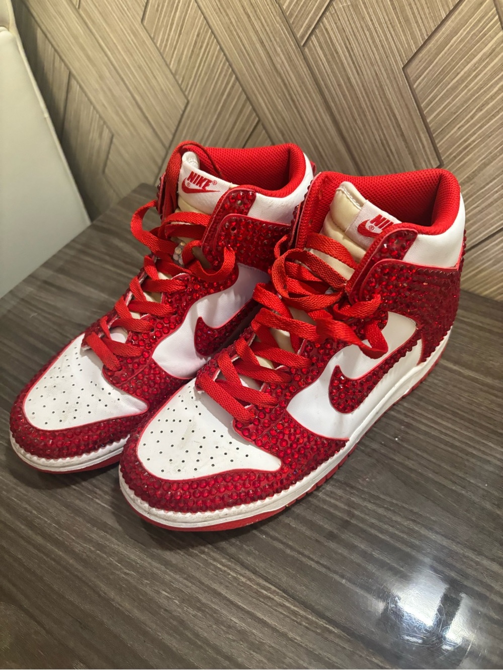 Nike Red and White Crystal-Embellished High Tops